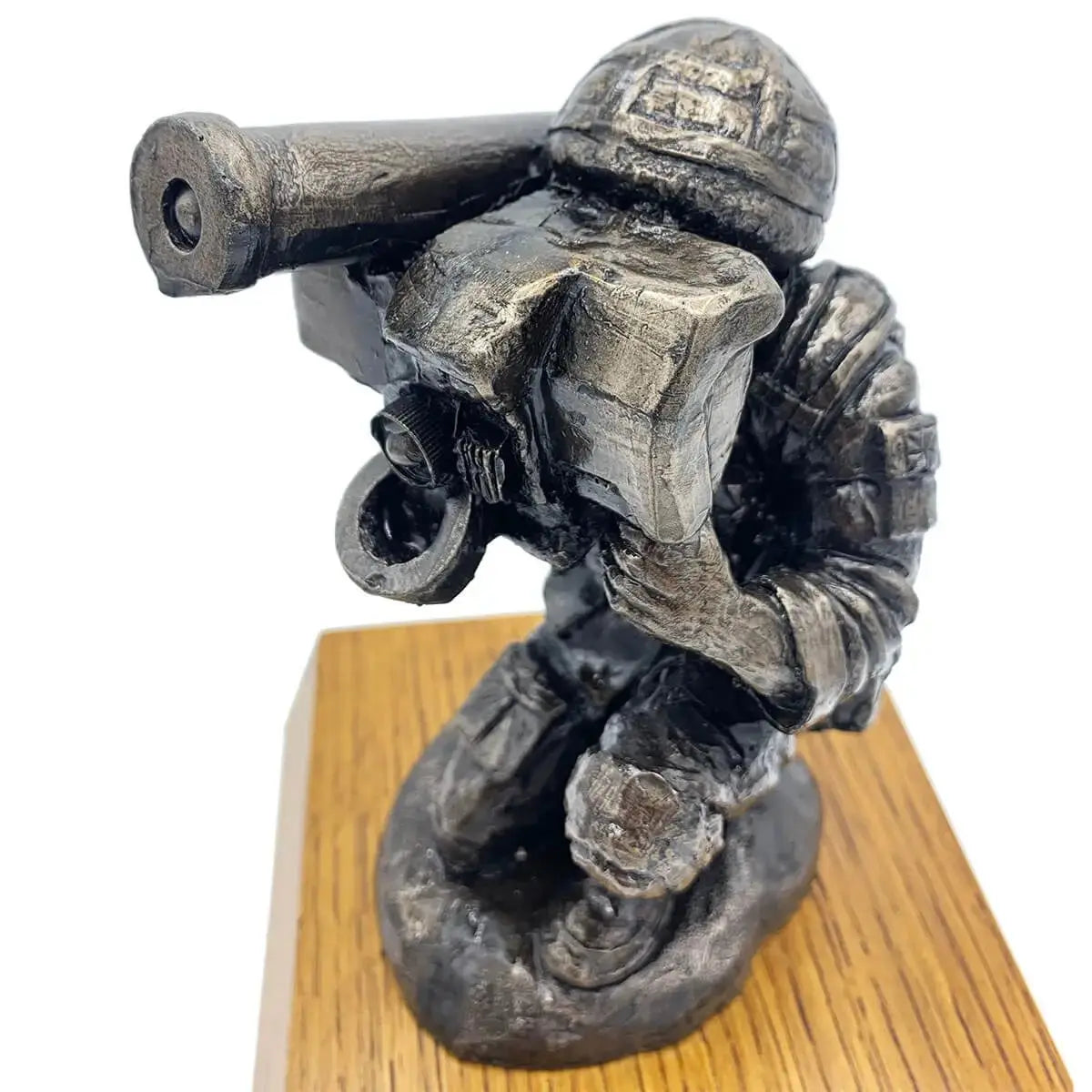 Close-up of Bronze Resin Javelin Operator Military Statue highlighting intricate facial and weapon details, ideal for home or office military art display.