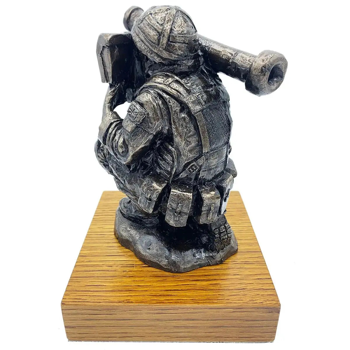 Rear view of Bronze Resin Javelin Operator Military Statue on oak base, showcasing tactical backpack and uniform details for military-themed decor.