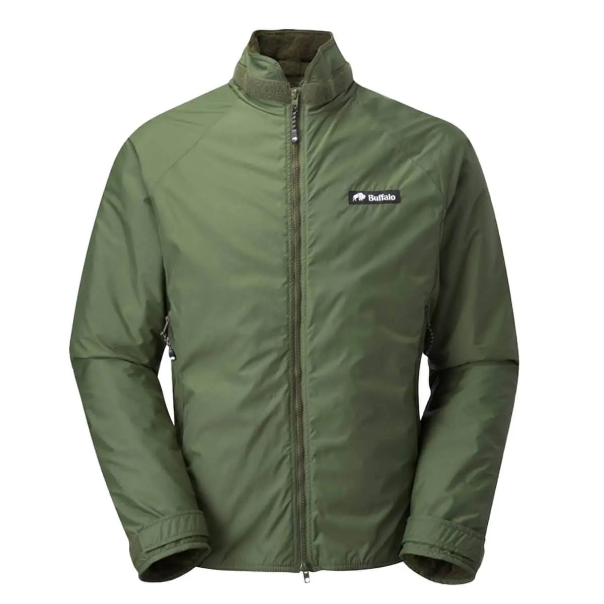 Olive green Buffalo Mens Pertex Belay Jacket with full zip and fleece lining, perfect for hiking and cold weather adventures.