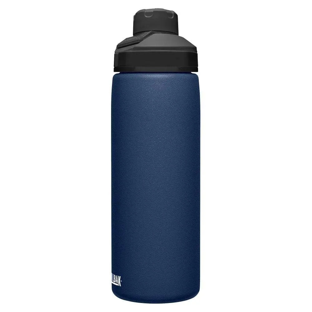 Side view of Camelbak Chute Mag Stainless Steel Water Bottle 600ml in navy blue, showcasing its durable insulated design and secure lid.