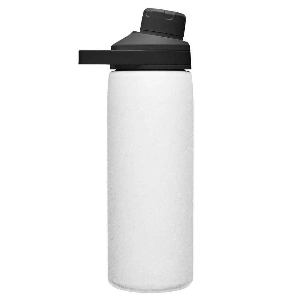 Side profile of Camelbak Chute Mag Stainless Steel Water Bottle 600ml in white, showing the ergonomic handle and magnetic top closure.