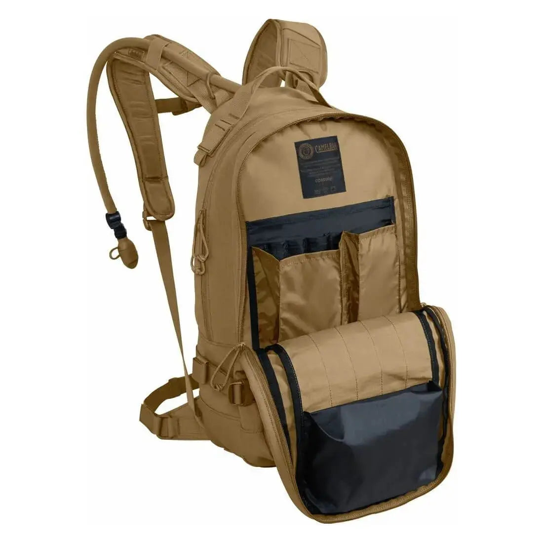 Interior of Camelbak HAWG Mil Spec Backpack featuring organized compartments and hydration bladder sleeve. Perfect for military, hiking, and outdoor gear.