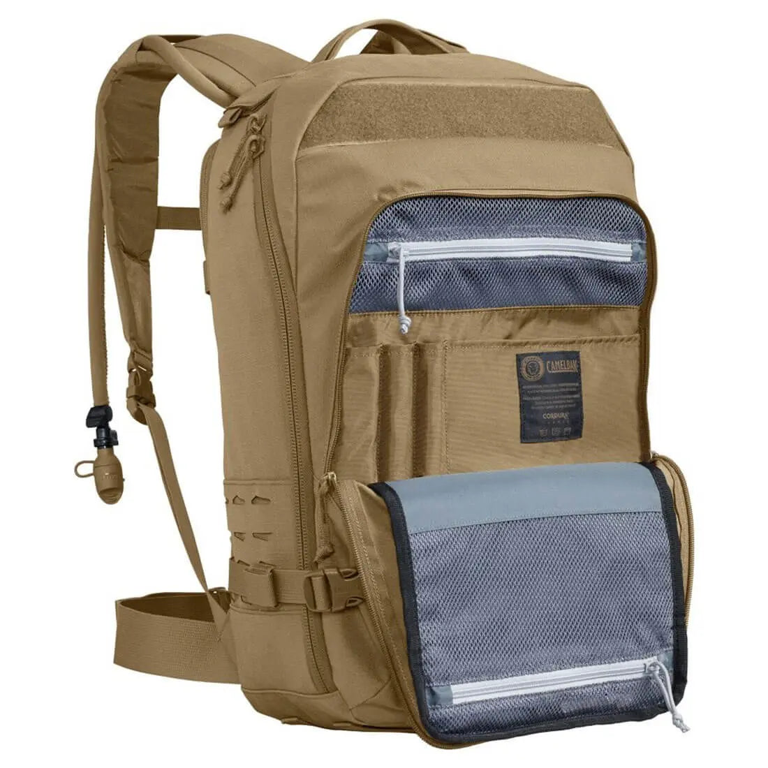Front compartment of Camelbak Motherlode Mil Spec Crux Coyote 37L Backpack open to reveal mesh zippered pockets for gear organization.