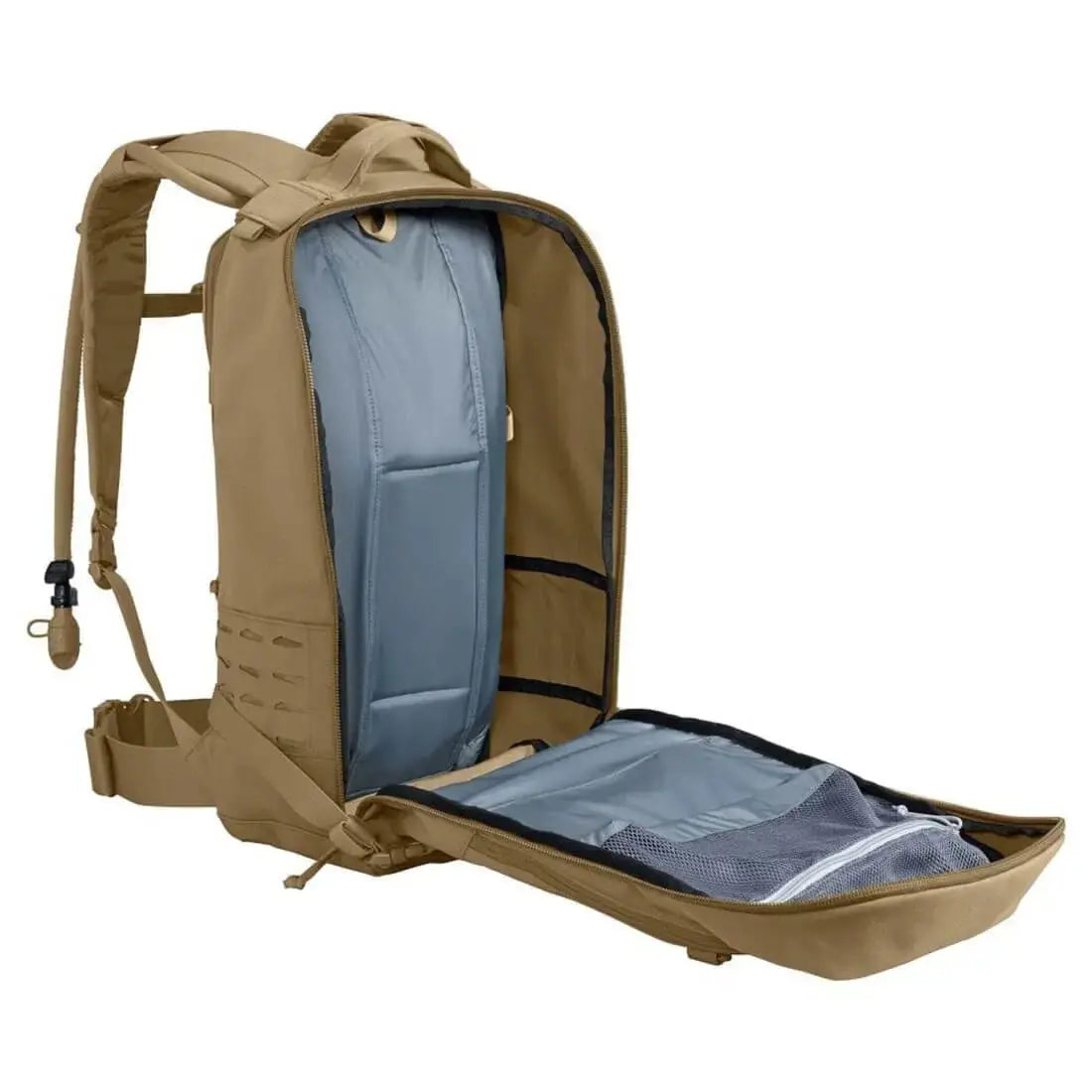 Camelbak Motherlode Mil Spec Crux Coyote 37L Backpack fully opened to display internal hydration pocket and organized storage compartments.