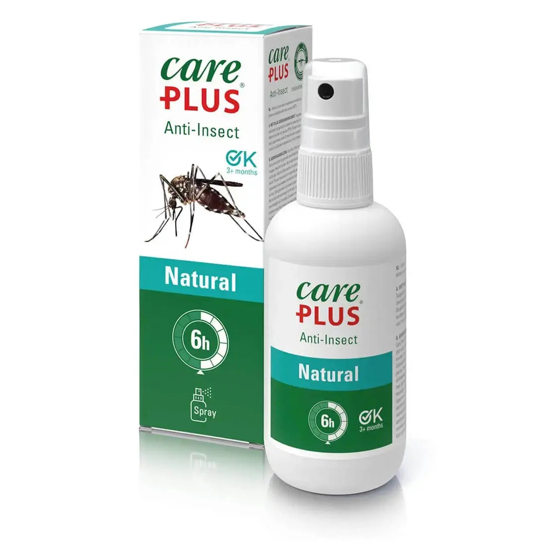Care Plus Natural Anti Insect Spray 100ml with box packaging, featuring 6-hour protection and natural lemon eucalyptus formula.
