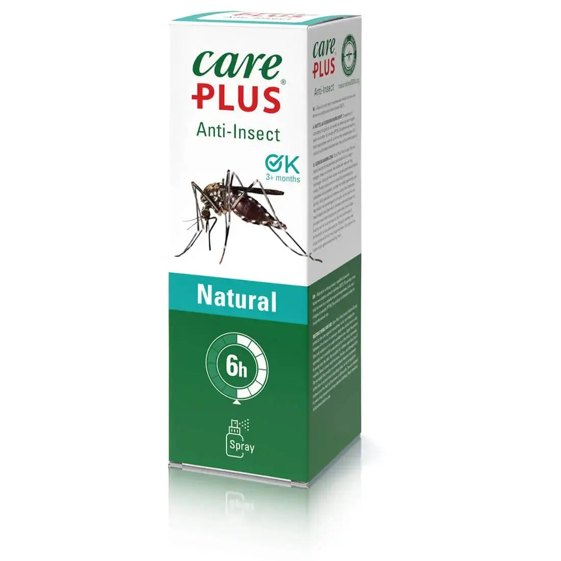 Care Plus Natural Anti Insect Spray 100ml retail box showing mosquito graphic and 6-hour natural repellent protection label.