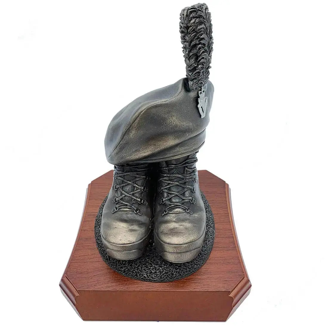 Caubeen and Boots Bronze Resin Statue on wooden base, honoring Irish military heritage, available at John Bull Clothing.