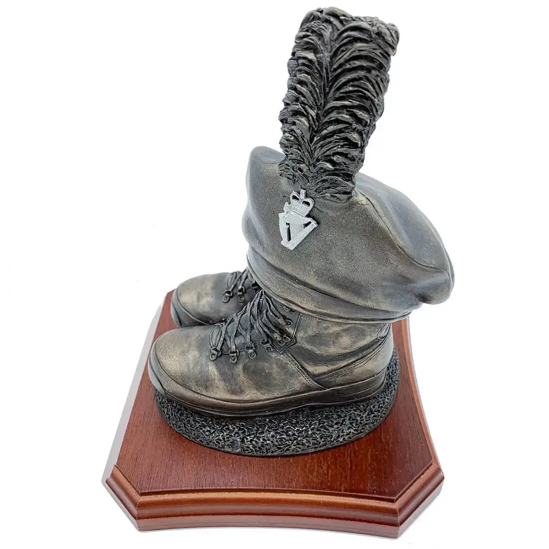 Detailed side view of Caubeen and Boots Bronze Resin Statue with feathered caubeen and laced boots, ideal for military decor.