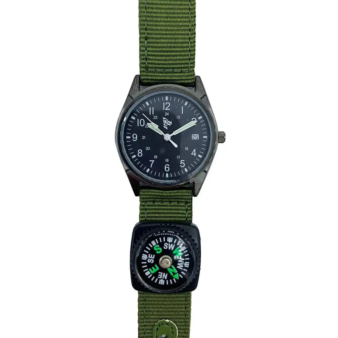 Dragon Tactical Watch with Compass featuring a black dial and green NATO strap, ideal for outdoor use. Includes adjustable crown and attached compass.