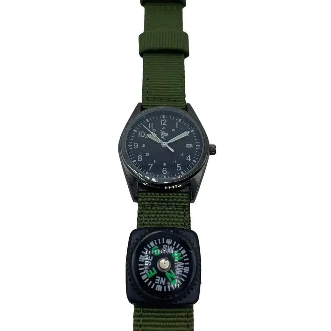 John Bull Clothing Dragon Tactical Watch with Compass shown at an angle, highlighting the durable green strap and clear analogue display.
