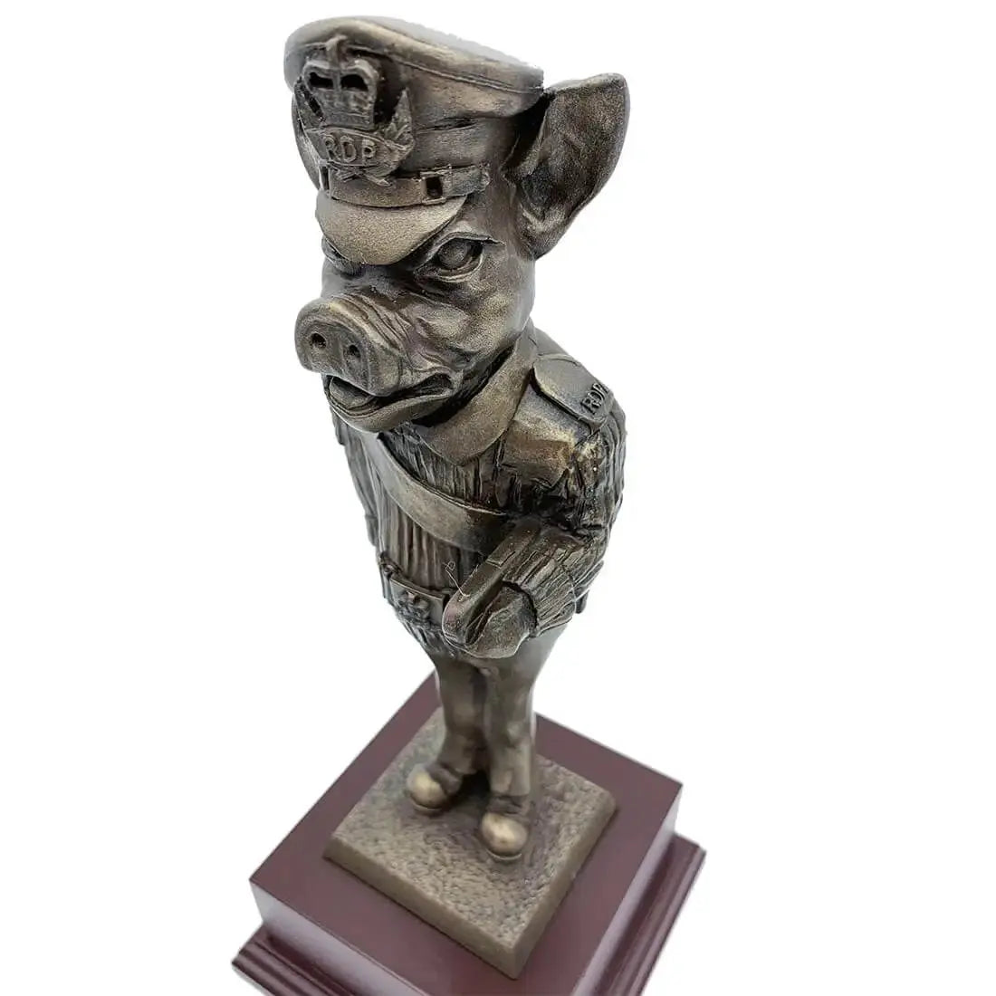 Angled top view of Drill Pig Sergeant Bronze Resin Statue showcasing facial features and cap insignia, ideal for military gift items.