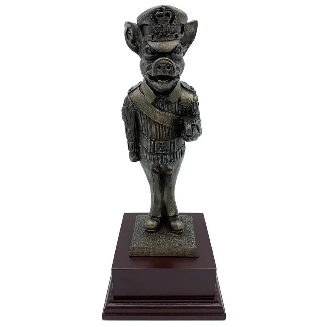 Drill Pig Sergeant Bronze Resin Statue in full military uniform on wooden base, ideal for army-themed home decor or collector's display.