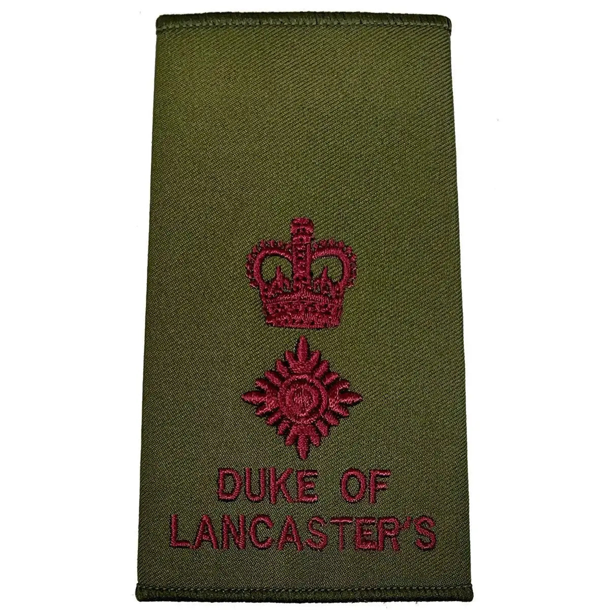 Duke of Lancasters Rank Slide in Olive Green with maroon crown and star, military uniform accessory from John Bulls.