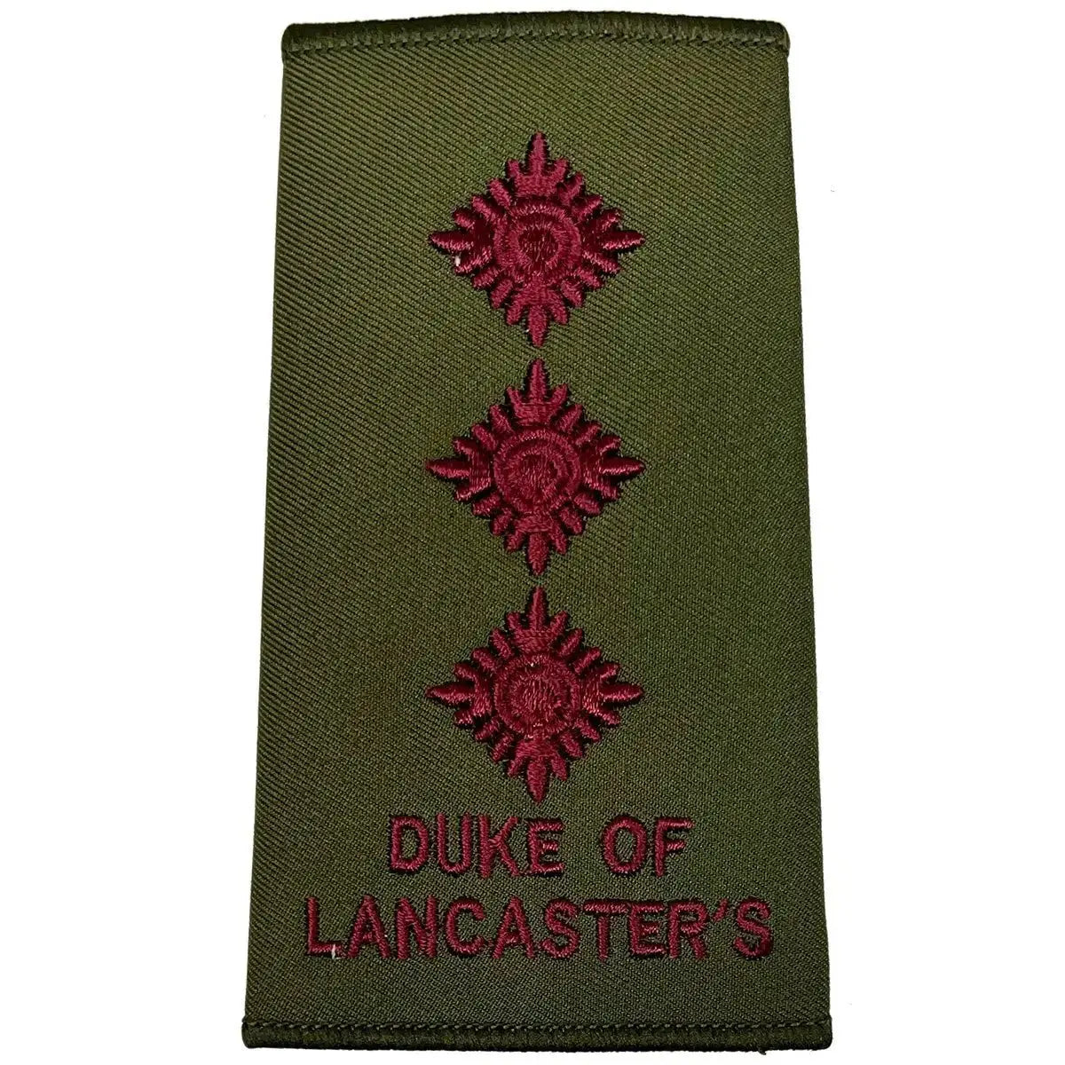 Three-star Duke of Lancasters Rank Slide in Olive Green with maroon embroidery, official military uniform insignia.