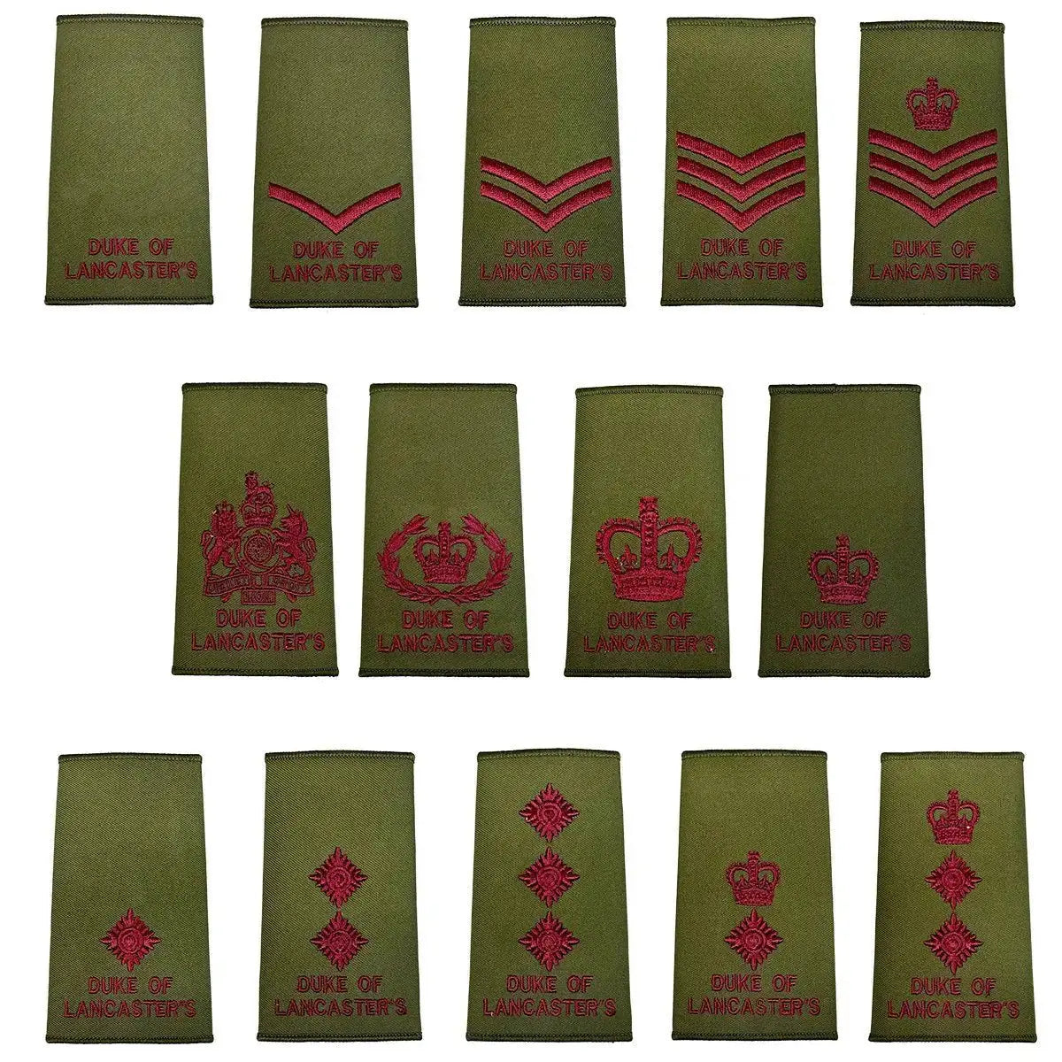 Full collection of Duke of Lancasters Rank Slides Olive Green with maroon embroidery, made to MoD specs, available at John Bulls.