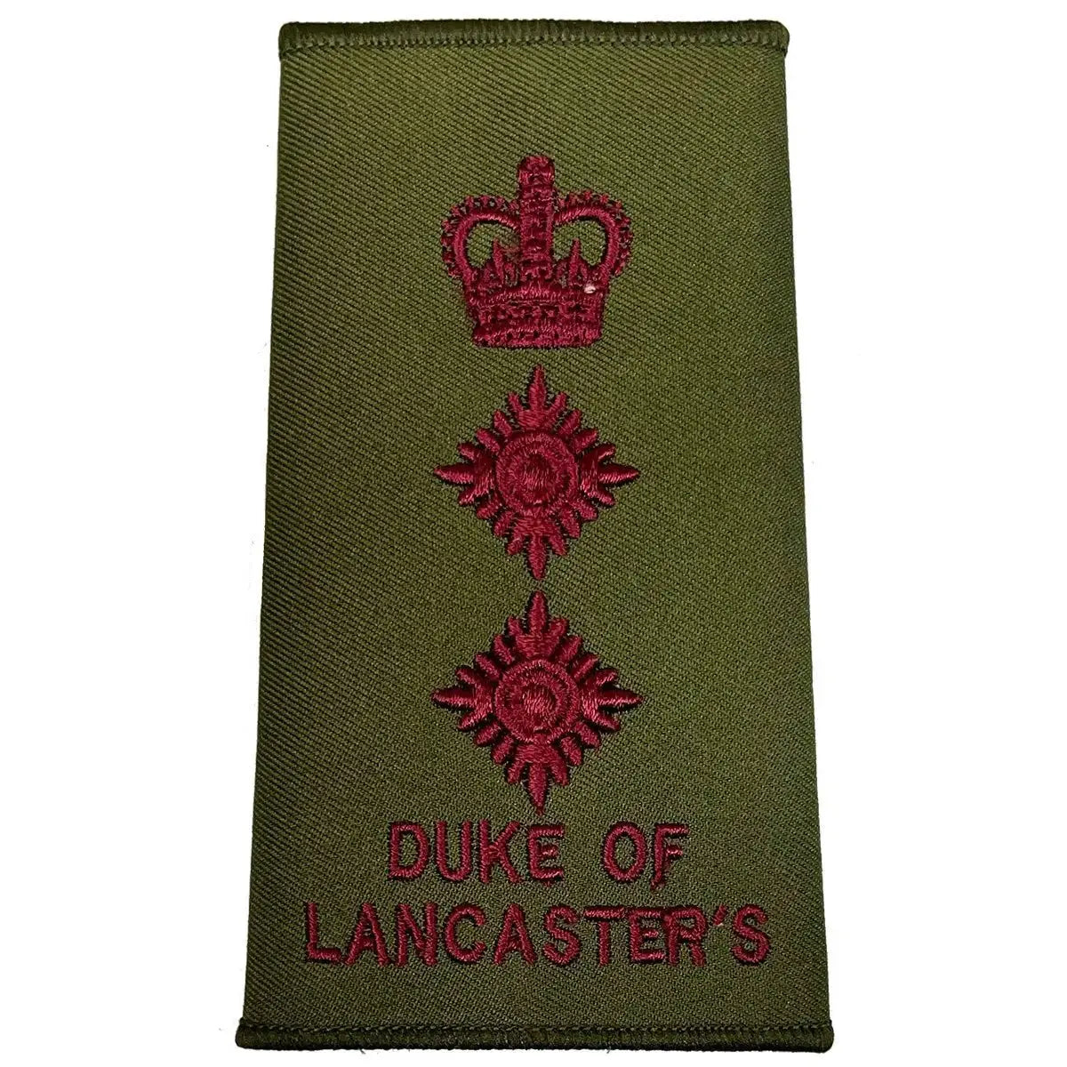 Duke of Lancasters Olive Green Rank Slide with maroon crown and two stars, MoD spec military uniform insignia.