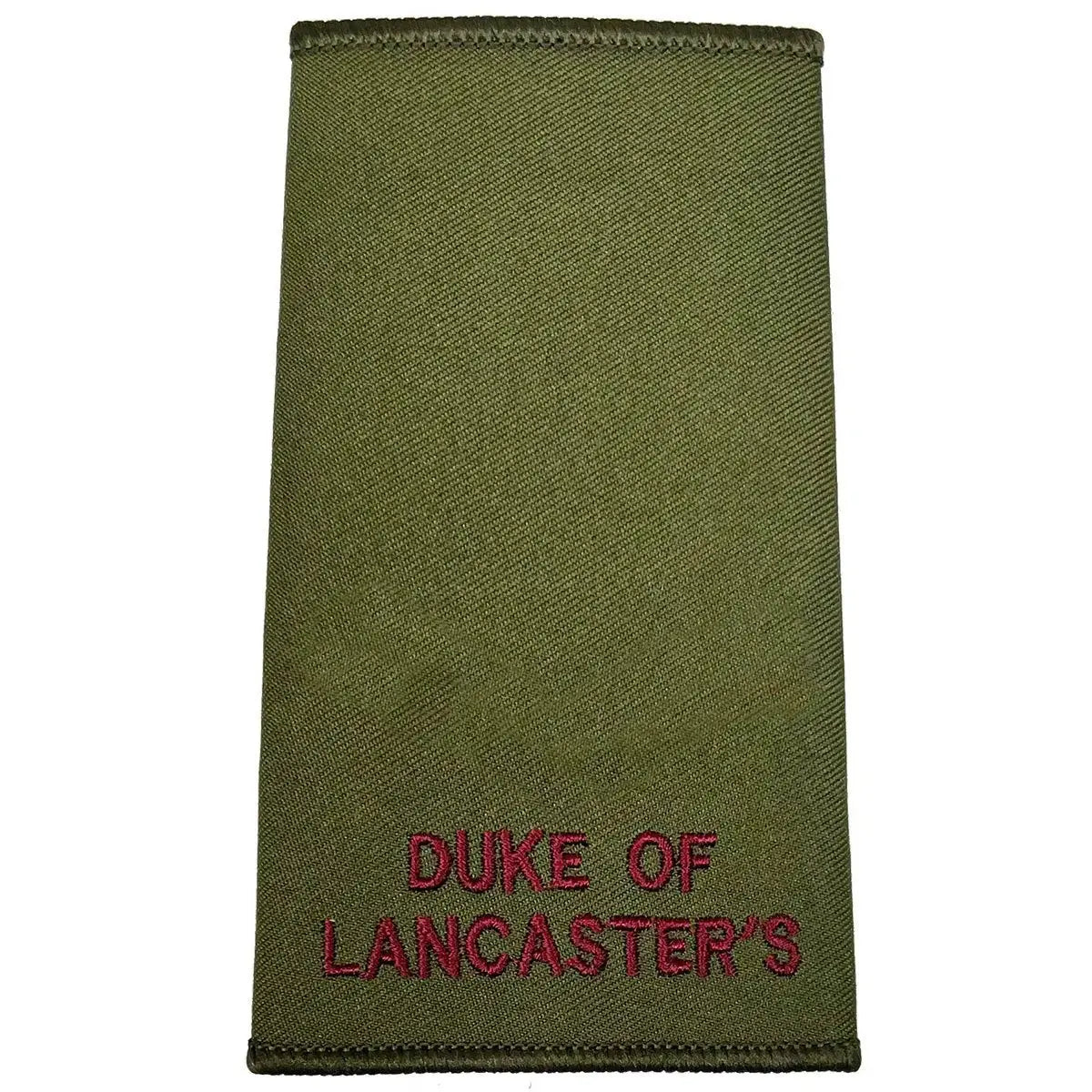 Plain Duke of Lancasters Rank Slide in Olive Green with maroon embroidered text, military uniform accessory from John Bulls.