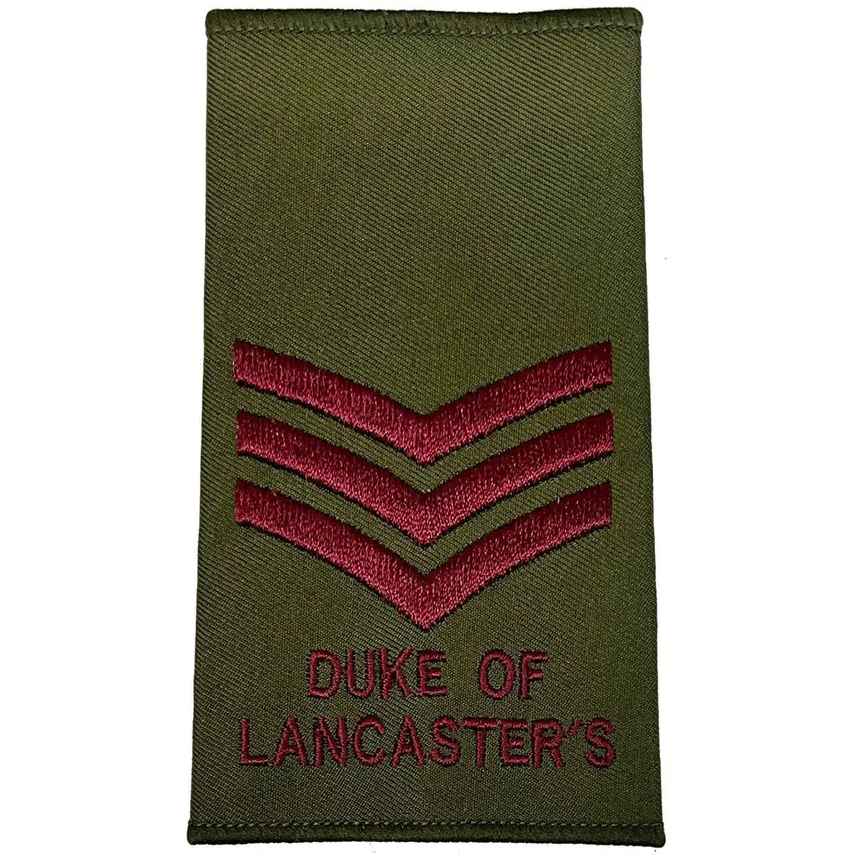 Three-chevron Duke of Lancasters Rank Slide in Olive Green with maroon embroidery, MoD spec military uniform gear.