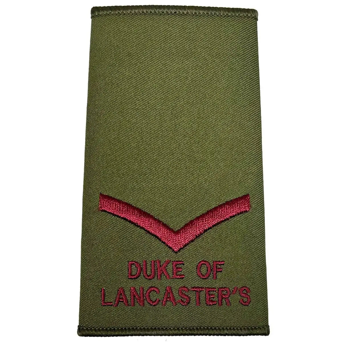 Duke of Lancasters Olive Green Rank Slide featuring single maroon chevron, ideal for military uniforms, available at John Bulls.