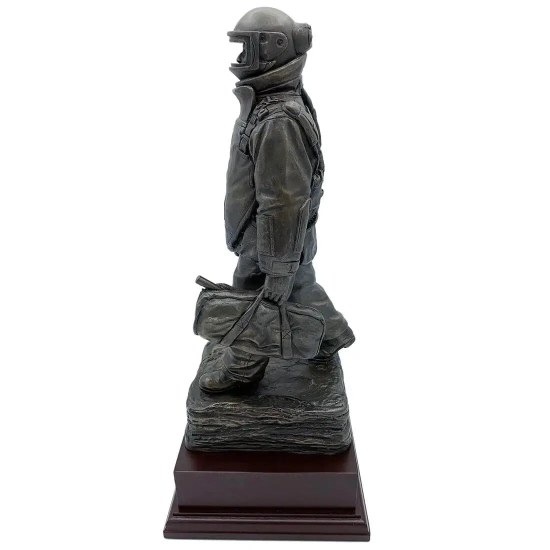 Side profile of EOD Long Walk Bronze Resin Statue depicting a detailed bomb technician mid-stride, mounted on a rosewood base.