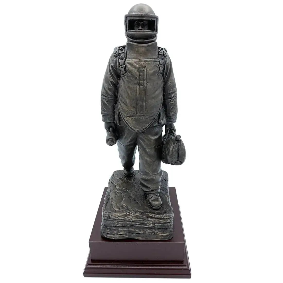 EOD Long Walk Bronze Resin Statue from John Bull Clothing showing a bomb disposal operator in full gear on a rosewood base, front view.