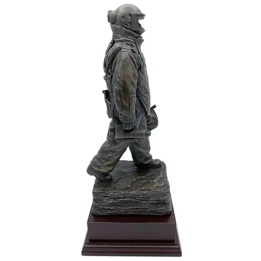 Right side view of EOD Long Walk Bronze Resin Statue showing the operator carrying a bag, crafted in bronze resin for home or office display.