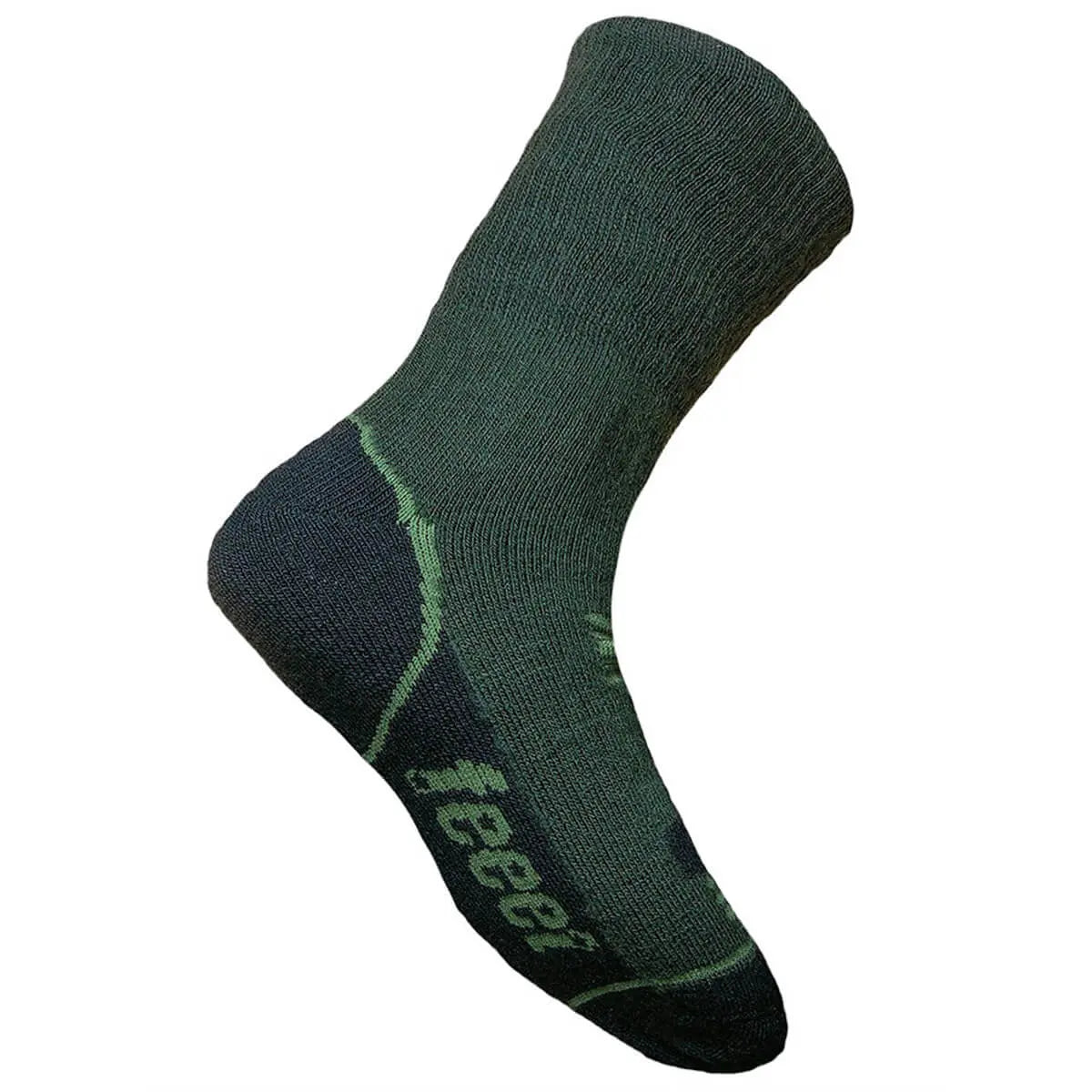 Side view of Feeet Hiker Merino Sock Olive, showing ergonomic fit and reinforced heel and toe for enhanced hiking support and ventilation.