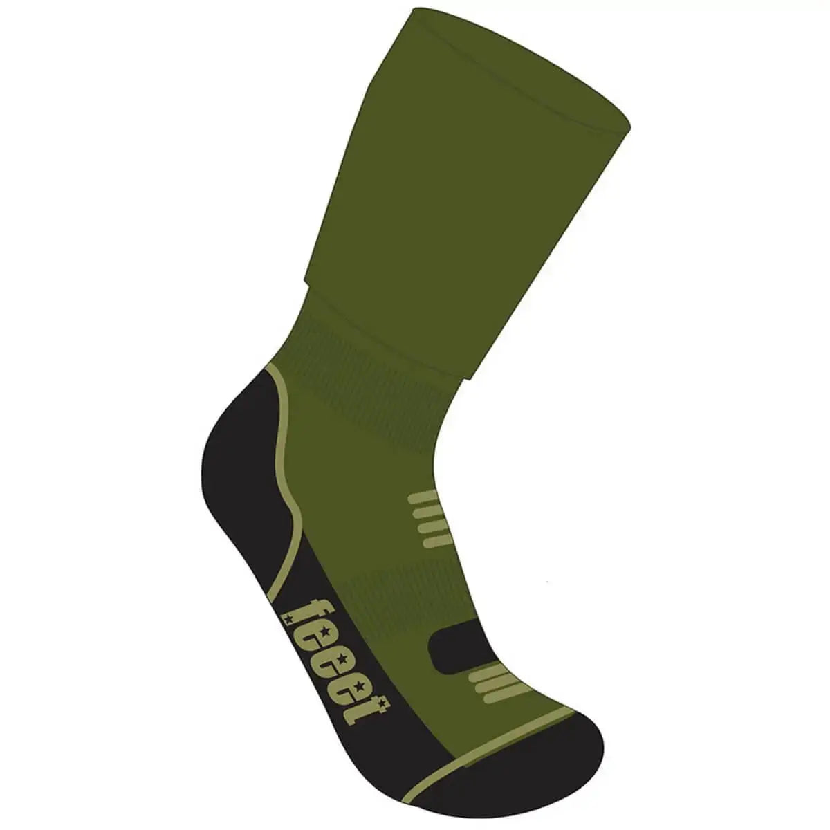 Illustration of Feeet Merino Hiker Sock in olive, highlighting technical zones for breathability, cushioning, and arch support in outdoor gear.