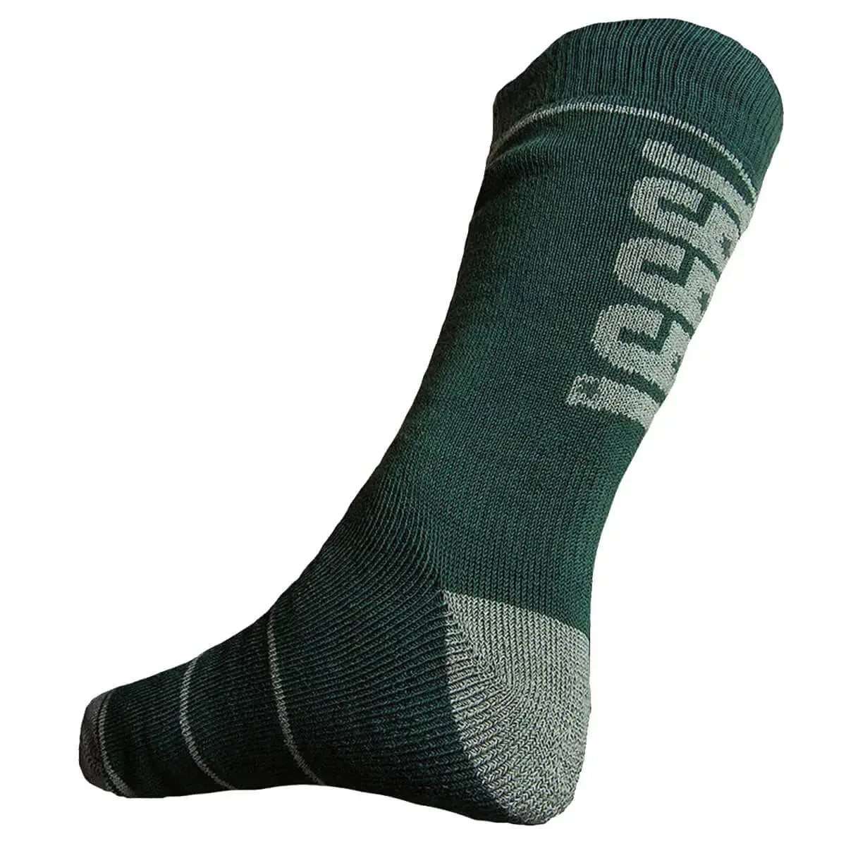 Unisex Feeet Rambler Cotton Rich Sock in green, shown on foot to highlight snug fit and cushioned sole for all-day wear.