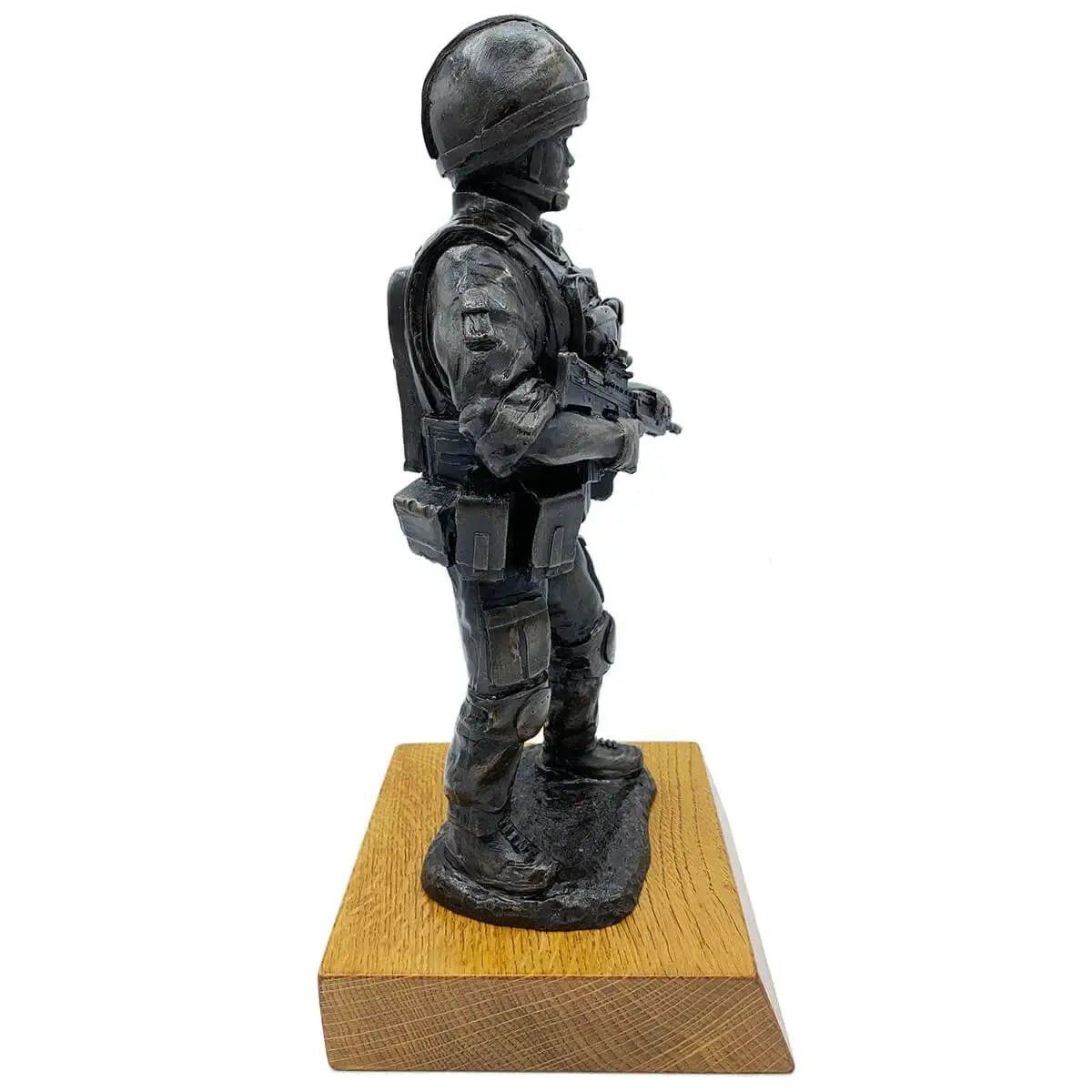 Right side view of British Standing Combat Patrol Bronze Statue with SA80 rifle and tactical gear, crafted in bronze resin on oak base.