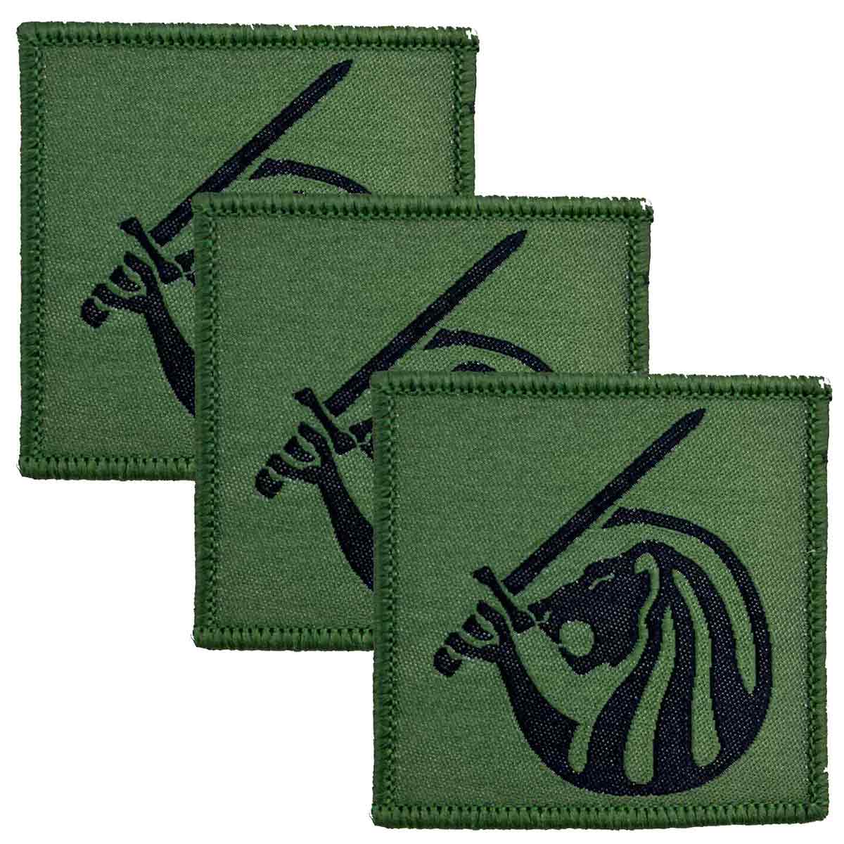 Set of three Field Army TRF Iron On Sewn on Patches from John Bull Clothing, featuring green fabric with black lion and sword emblem for military uniforms.