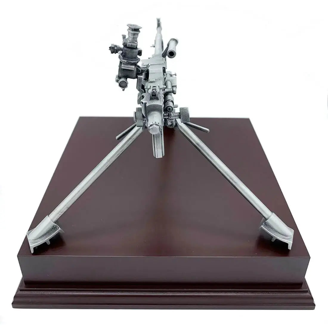 Front view of GPMG Sustained Fire Pewter Statue mounted on polished rosewood base, ideal for home or office military-themed display.