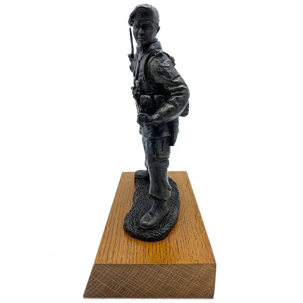 Side view of Gurkha with Kukri bronze resin statue showing uniform details and weaponry, perfect for army-themed home or office display.