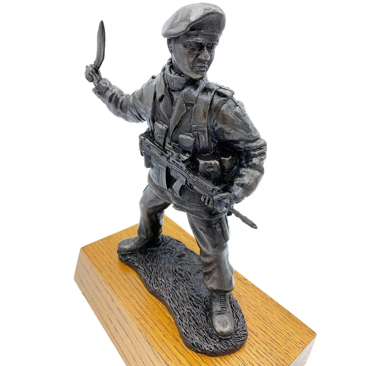 Angled top view of Gurkha with Kukri bronze resin statue emphasizing facial expression and dynamic pose, a standout sculpture for army memorabilia fans.