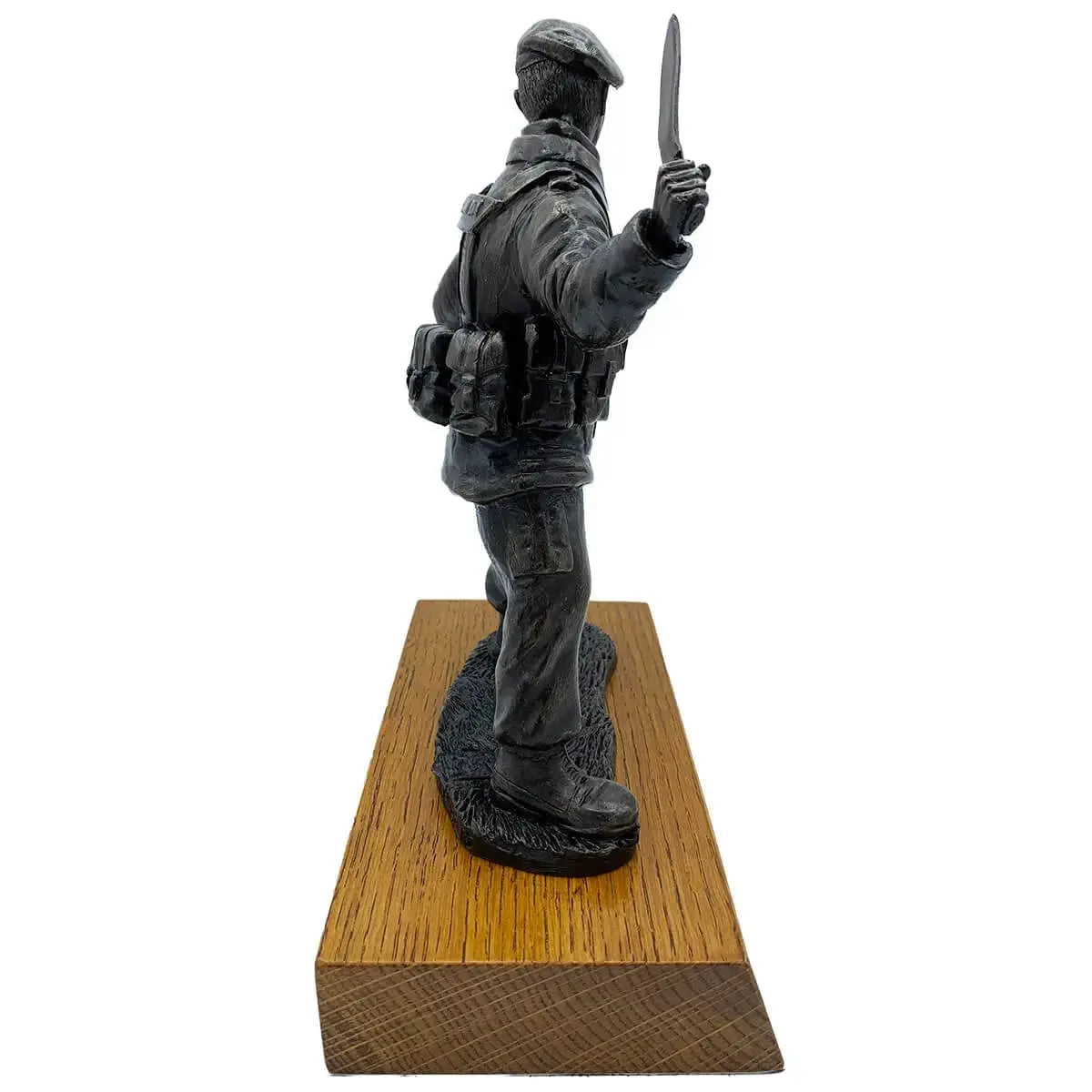 Left profile of Gurkha with Kukri bronze resin statue showcasing the raised kukri and tactical attire, a striking piece for collectors of military art.
