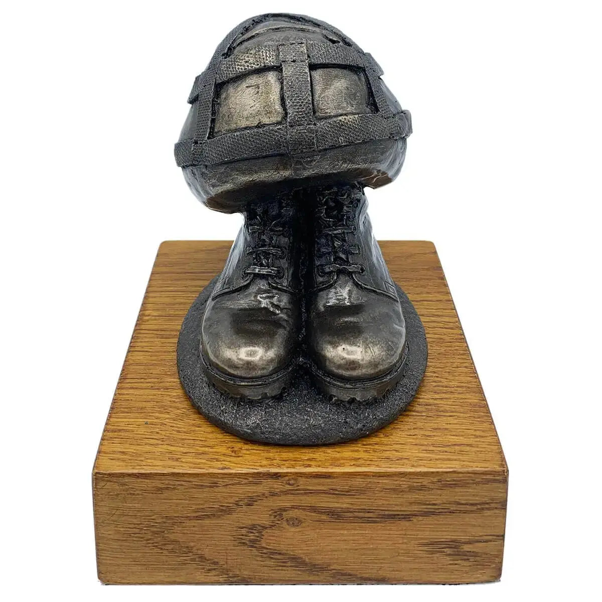 Helmet & Boots Statue Bronze Resin | John Bull Clothing military tribute sculpture on wooden base, ideal for home or garden decor.