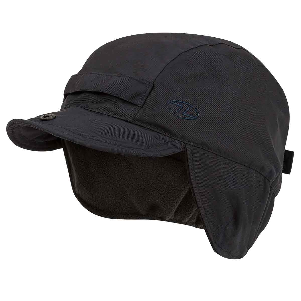 Dark navy Highlander Dry Tech Mountain Waterproof Hat with ear coverage and water-resistant nylon shell for mountain activities.