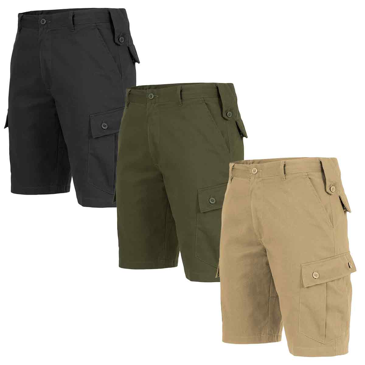 Highlander Elite Combat Shorts in black, olive green, and khaki colors, designed for durability with cargo pockets and reinforced fabric.