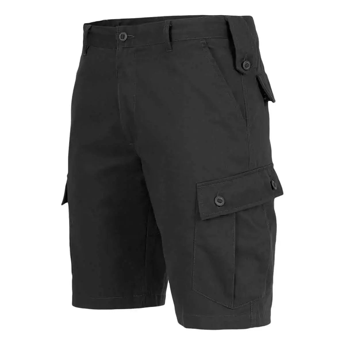 Black Highlander Elite Combat Shorts with side cargo pockets and reinforced stitching, ideal for tactical and outdoor wear.