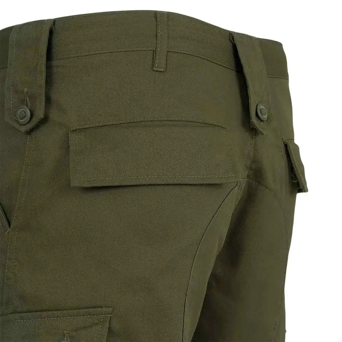 Close-up of olive green Highlander Elite Combat Shorts waistband and back pocket detailing, showcasing rugged construction.