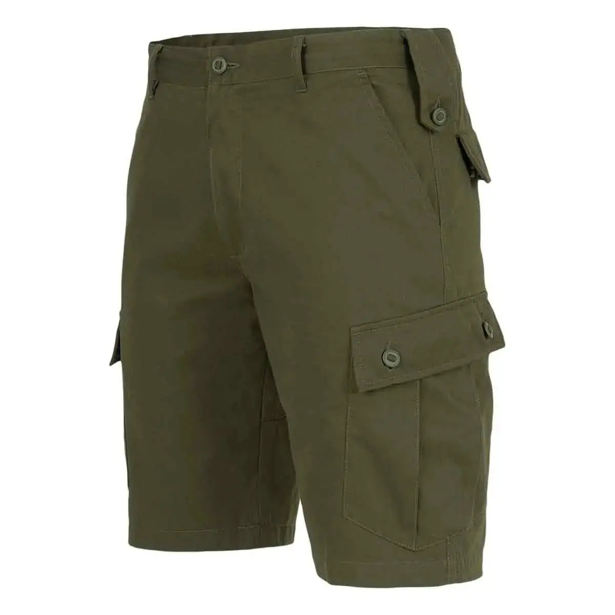 Side angle of olive green Highlander Elite Combat Shorts highlighting buttoned cargo pockets and tactical design.