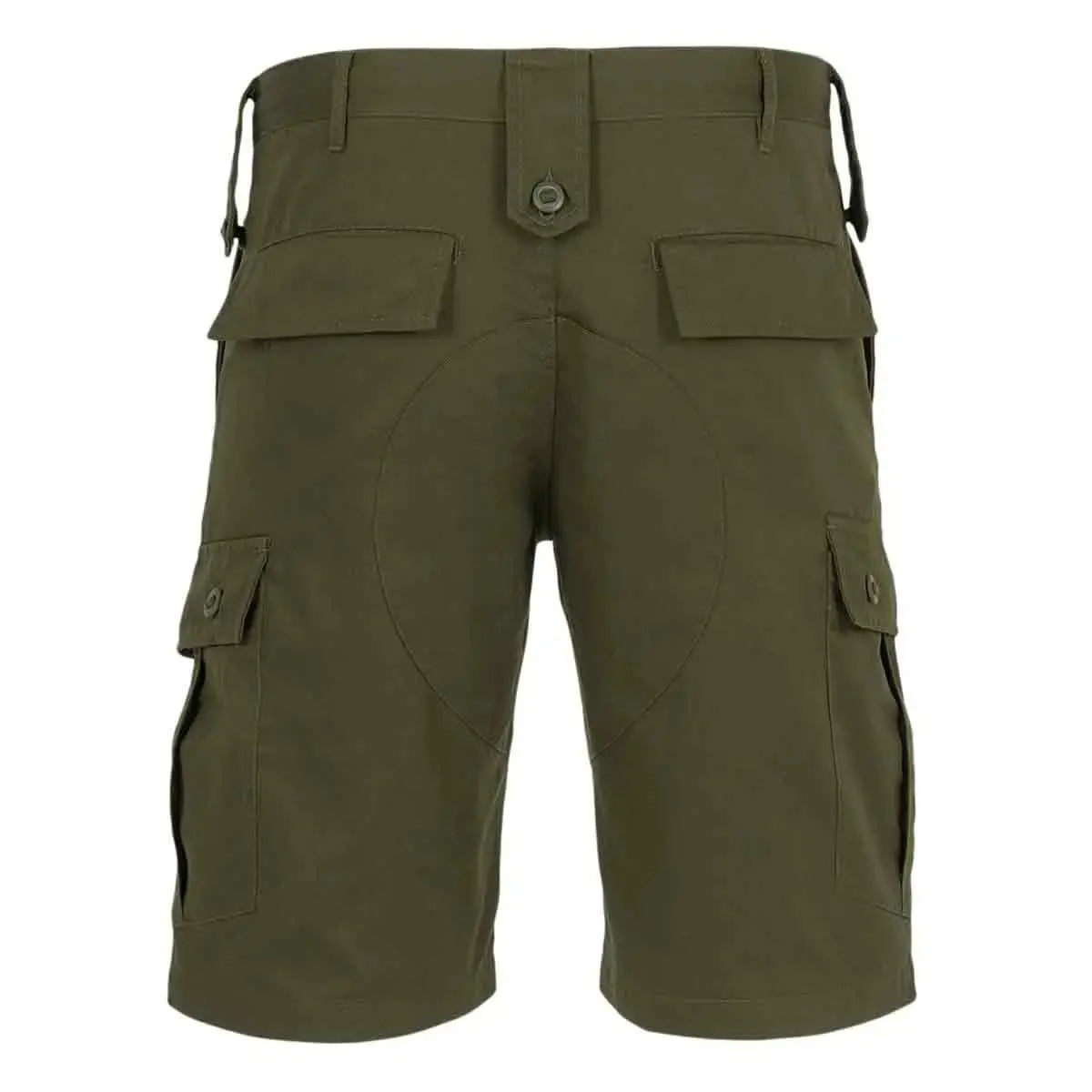 Rear view of olive green Highlander Elite Combat Shorts showing reinforced seat and back pockets for added durability.