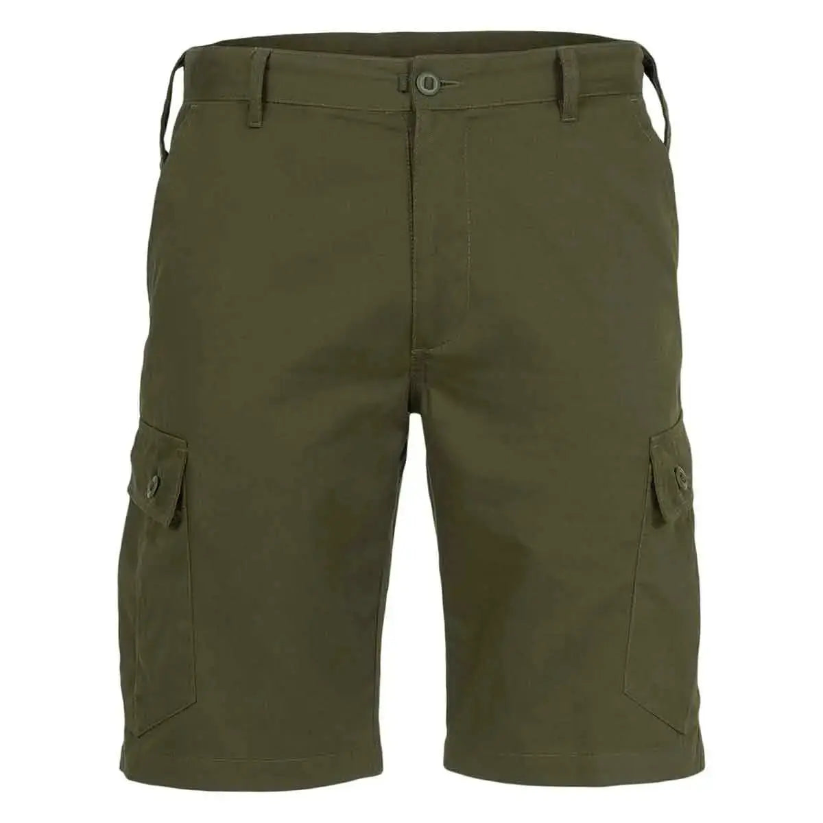Front view of olive green Highlander Elite Combat Shorts with belt loops and dual cargo pockets for functional outdoor performance.