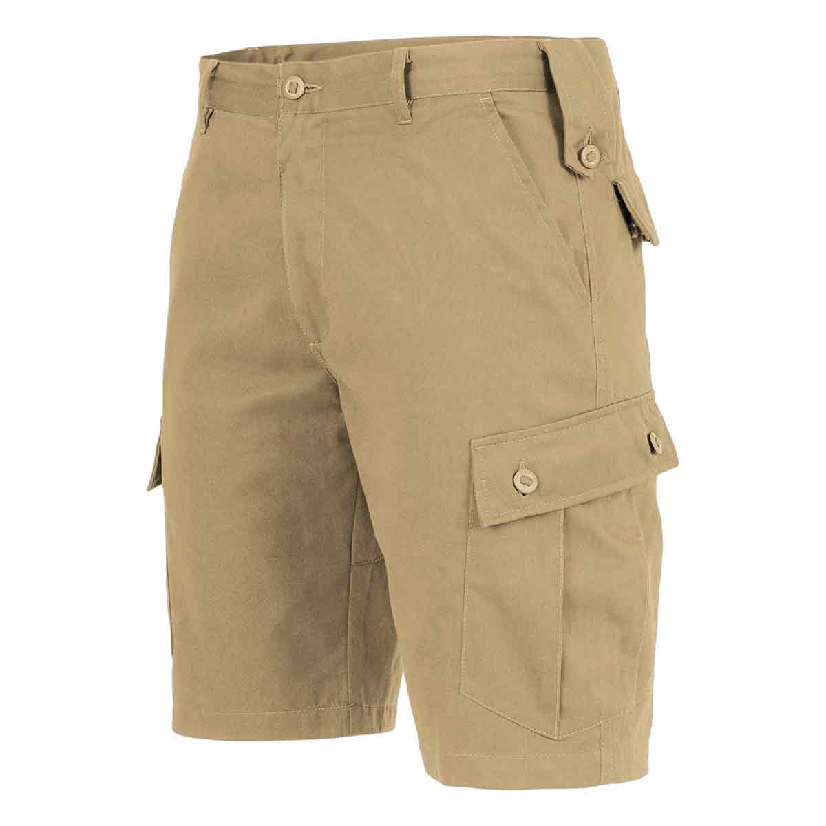 Khaki Highlander Elite Combat Shorts featuring durable polyester fabric and multiple utility pockets for rugged use.