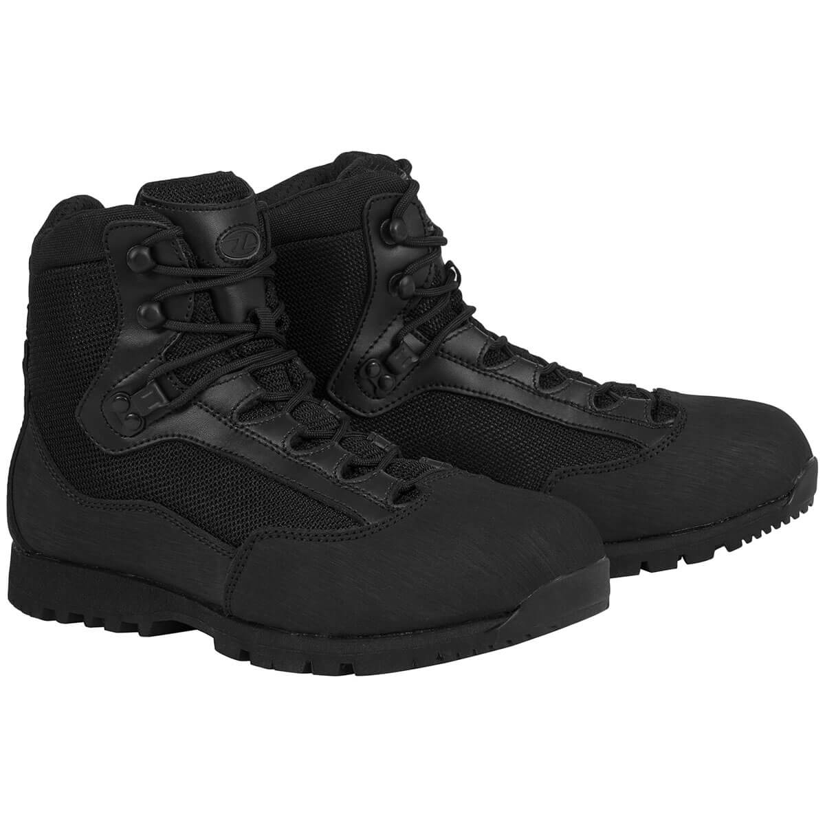 Highlander Pentland Black Military Boot with Cordura panels and rugged sole, ideal for hillwalking and tactical use. Unisex waterproof footwear.