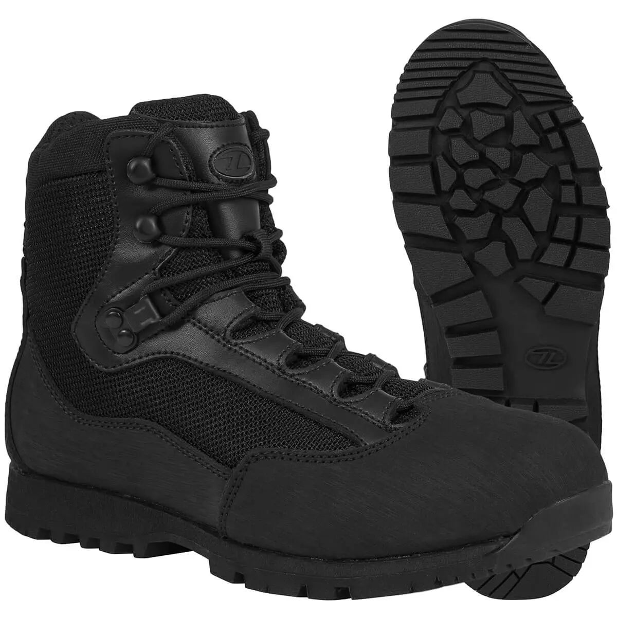Highlander Pentland Black Military Boot showing treaded outsole for grip and breathable mesh upper, designed for all-terrain performance.