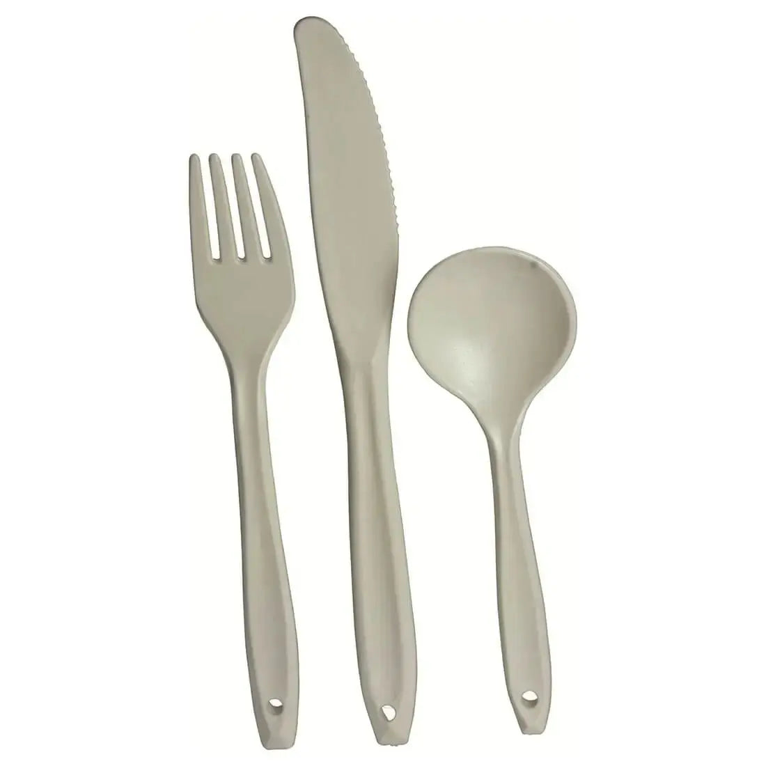 Highlander Polycarbonate Knife Fork Spoon Set in grey, durable and lightweight for camping and outdoor dining. Ideal KFS set for hiking cookware kits.