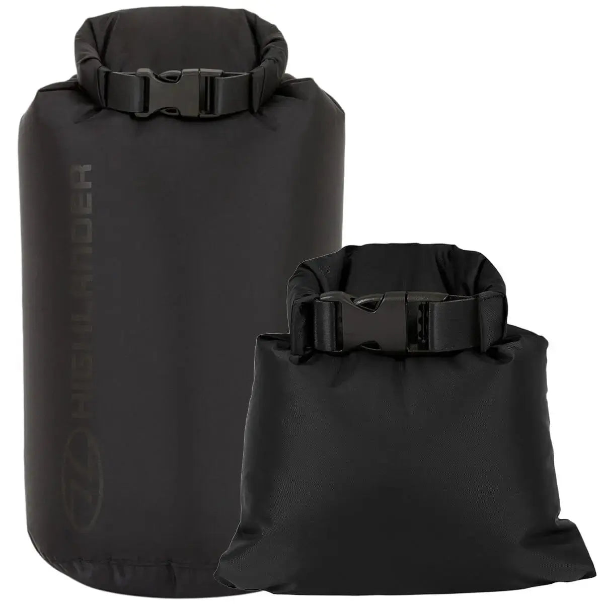 Highlander X-Lite 40 Litre Daysack Dry Bag in black with roll-top closure, ideal for waterproof storage in outdoor adventures and travel.