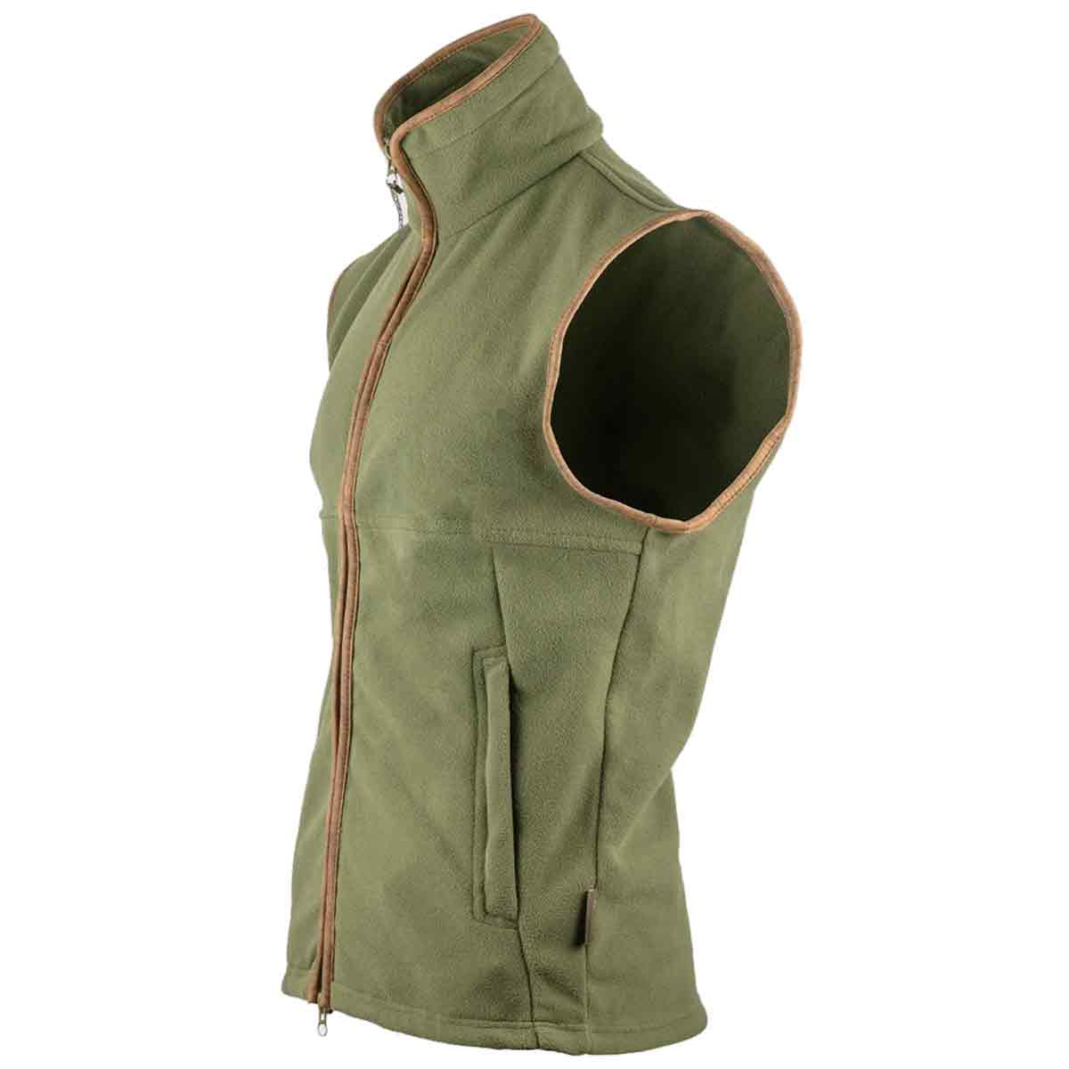 Light green Jack Pyke Countryman Fleece Gilet with tan trim and full zip, designed for outdoor comfort and made from warm 300g fleece.