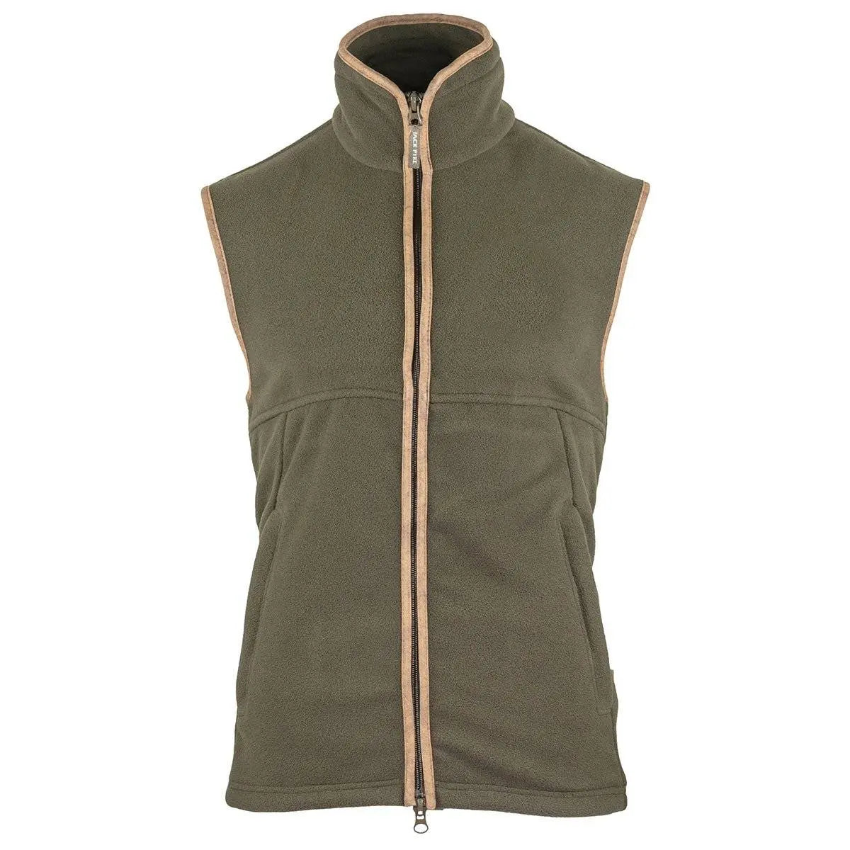 Front view of green Jack Pyke Countryman Fleece Gilet with tan trim and full-length zip, ideal for layering in outdoor environments.